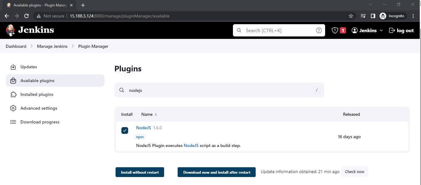 Search and install NodeJS plugin